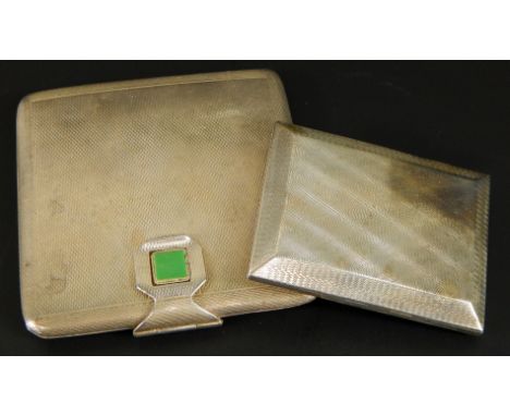 A silver cigarette case and a compact, the silver compact in Art Deco style, set with jade stone, the case with engine turned