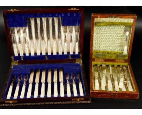 Two mother of pearl handled cased sets of cutlery, comprising a set of six cake knives and forks with engraved floral design,