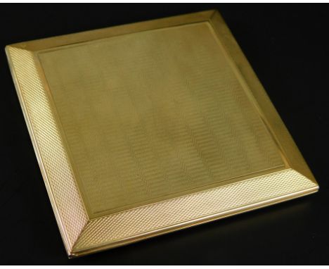 A 9ct gold square cigarette case, with engine turned decoration, 101.2g all in. (M) 