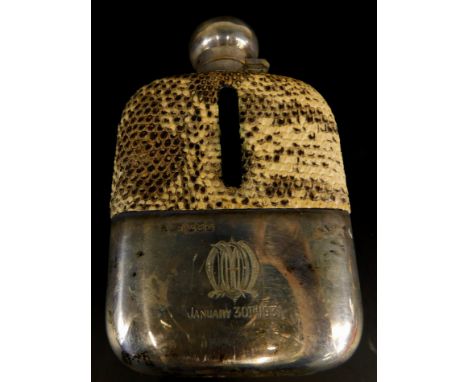 A George V glass, silver and snakeskin rounded hip flask,  engraved with a monogram and dated January 30th 1931, Sheffield 19