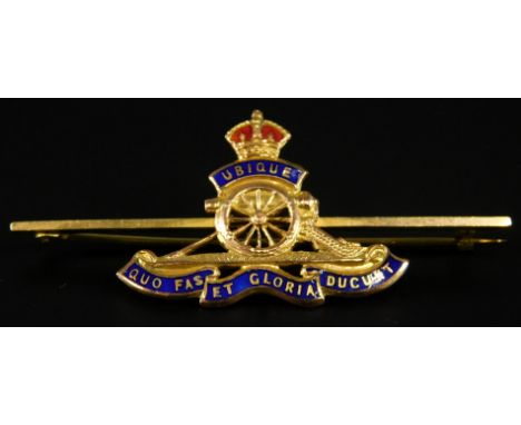 A Royal Engineers bar brooch, with red and blue enamel design, ;Ubique Quo Fas Et Gloria Ducunt, yellow metal, marked 9ct, 5.