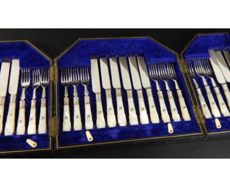 A 19thC cased set of knives and forks, with mother of pearl handles, and silver plated blades, in black leather fitted case. 