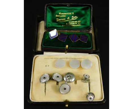 Various cufflinks and collar studs, comprising a pair of 9ct gold blue and red enamel stripped cufflinks, boxed, and a part s