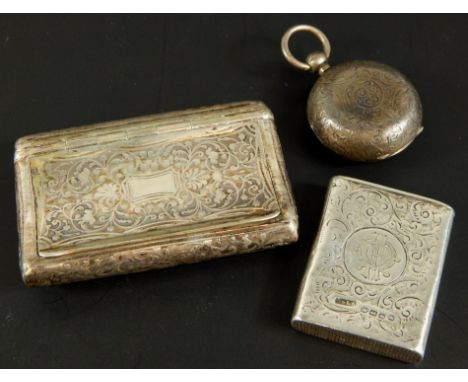Various silver trinkets, to include a floral silver cigarette case, a silver watch case, and a silver match case, engraved Ma