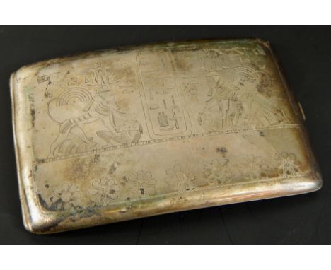 An Egyptian white metal cigarette case, with engraved decoration of figures, symbols and flowers, stamped 800, 5oz gross.  (M