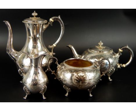 A Victorian silver plated four piece tea set, of globular form, engraved with acanthus, scrolls etc., comprising coffee pot, 