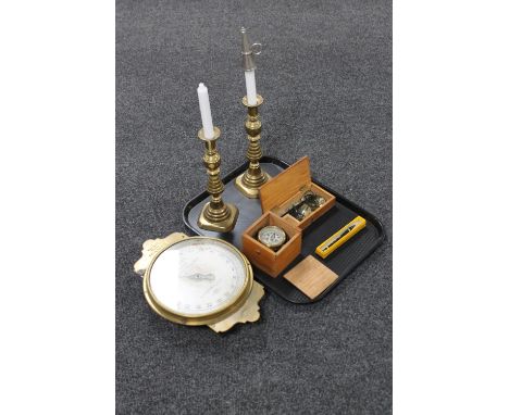 A tray of brass candlesticks, compass, scales, Salter's Trade Spring Balance Scale , candle snuffer and Caxton pen 