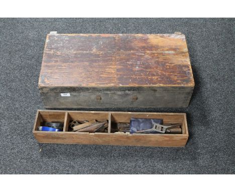 A mid 20th century joiners tool box containing joinery tools 