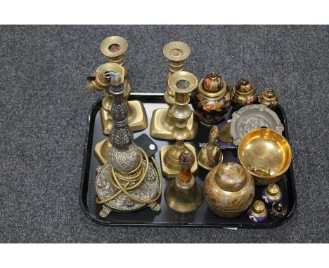 A tray of two pairs of brass candlesticks, ornate lamp base, eastern enamelled brass items including ginger jar, brass etc