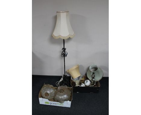 Two boxes containing cherub lamp base, light shades, oriental vases, together with a wrought iron standard lamp