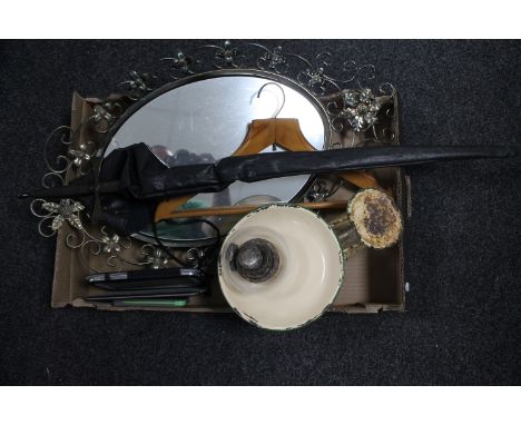 A box of ceremonial style sword, enamelled scales, ornate mirror, a tablet and a coat hanger 