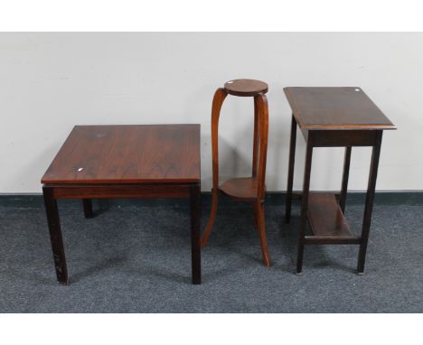 An inlaid mahogany bedroom chair, a jardiniere stand, a rosewood effect lamp table and an oak table