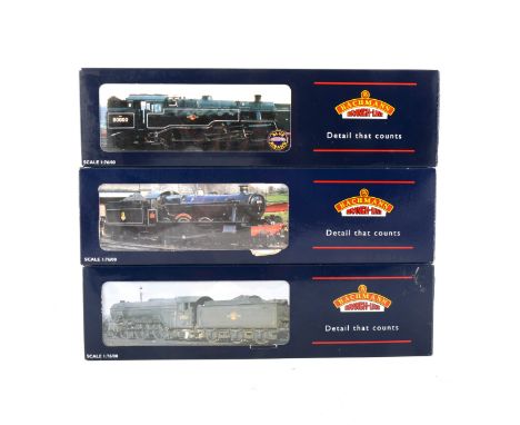 Bachmann OO gauge model railway locomotive; three to include 32-354 Standard class 4MT tank 80002, 31-561 V2 60825 BR lined (