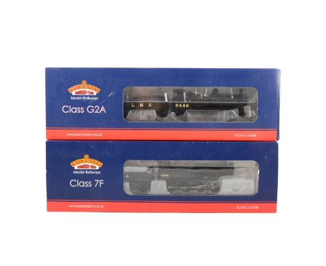 Bachmann OO gauge model railway locomotives; two including 31-010 class 7F 53806 BR black, 31-476 class G2 9449 LMS black wit