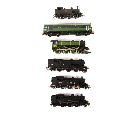 Bachmann OO gauge model railway locomotives; six loose examples incliding diesel BR green D5233, B1 class LNER (a/f), and fou
