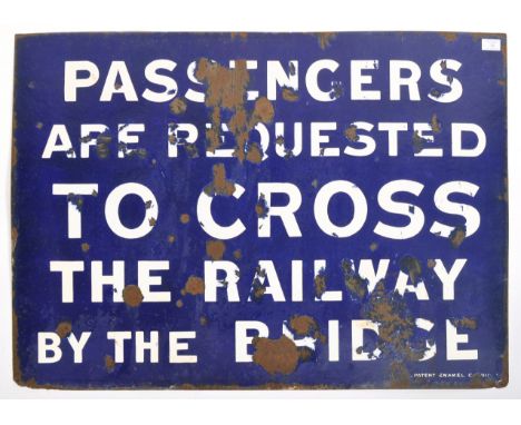 Railway Interest - A vintage mid 20th Century Railway enamel notice sign having a deep cobalt blue enamel ground with letteri