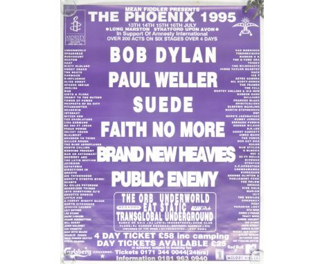 A retro vintage 1990s Music Event festival poster for the 1995 Phoenix 13th - 16th July. Includes headline acts Bob Dylan, Pa