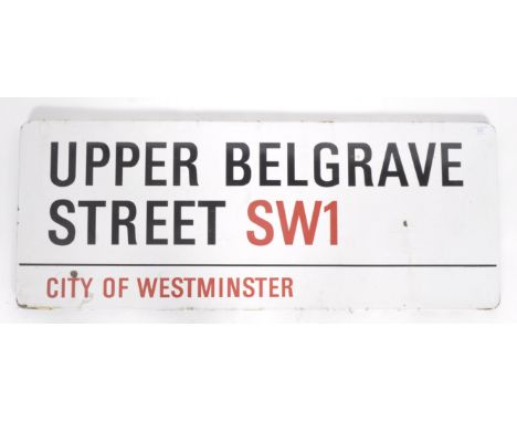 An original 20th Century enamel London street sign for Upper Belgrave Street SW1 - City of Westminster. The rectangular large
