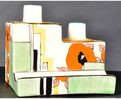Clarice Cliff Bizarre - A vintage 20th Century Art Deco ceramic hand painted double barrell inkwell having a two step raised 