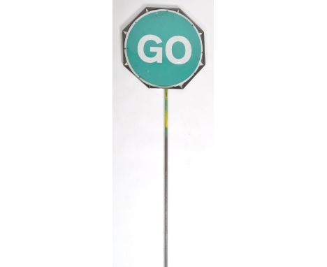 A 20th century retro vintage industrial metal ' STOP ' and ' GO ' traffic road motoring car lollipop enamel&nbsp; sign having