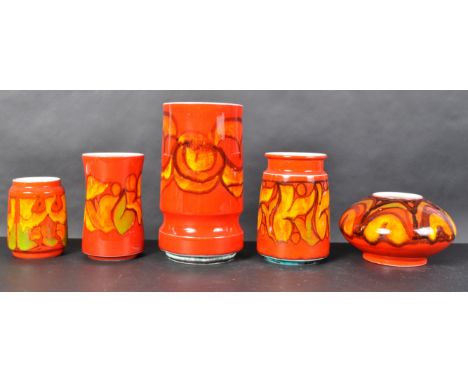 Poole Pottery - Delphis Range - A collection of five pieces of retro vintage 1960s studio art pottery in red comprising a mod