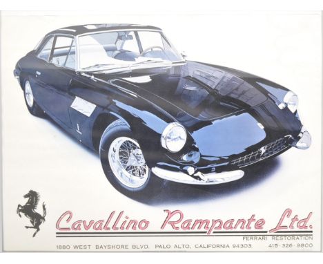 A 20th Century 1980s USA advertising lithograph poster for Cavallino Rampante Ltd, Ferrari Restoration. Artwork by Harold Jam
