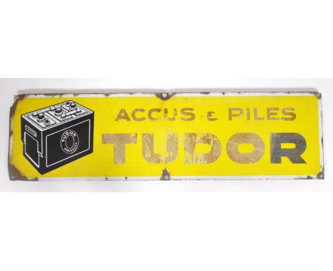 " Tudor Battery ", a&nbsp;Mid 20th Century Advertising Vintage Car Memorabilia Enamel Sign. White lettering on yellow ground 