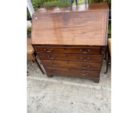 A 19TH CENTURY MAHOGANY BUREAU WITH FITTED INTERIOR, OVER FOUR GRADUATED DRAWERS, ON BRACKET FEET, 36" WIDE 