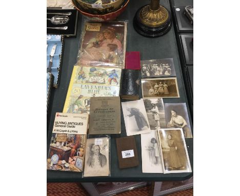 A COLLECTION OF SEPIA PHOTO'S TOGETHER WITH A BOOK OF NURSERY RHYMES LAVENDER'S BLUE, GENERAL GUIDE TO ANTIQUES, ETC., 