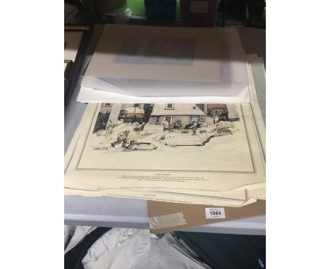 A LARGE QUANTITY OF VINTAGE STYLE UNFRAMED PRINTS TO INCLUDE HUMOROUS ONES BY GRAHAM CLARKE 