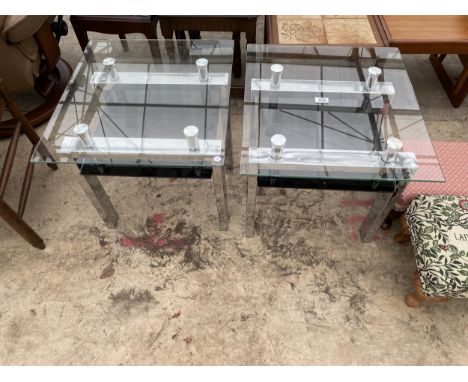 A PAIR OF MODERN 19.5" SQUARE LAMP TABLES WITH GLASS TOP, ON CHROME FRAME 