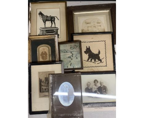 A COLLECTION OF VINTAGE FRAMED ENGRAVINGS, SCOTTY DOG EMBROIDERY ETC 