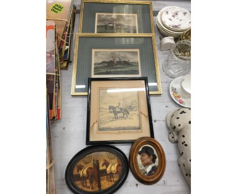A MIXED LOT OF FRAMED ENGRAVINGS TO INCLUDE PAIR OF HORSE / HUNTING SCENES ETC 