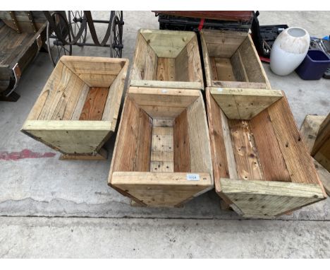 FIVE WOODEN TROUGH PLANTERS 
