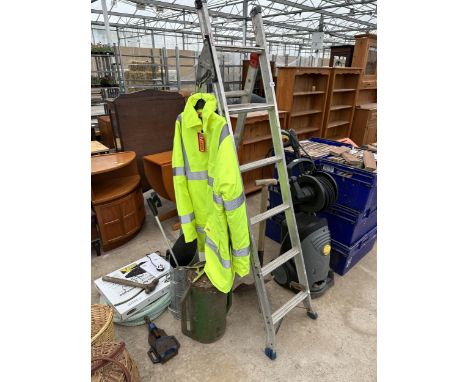 AN ASSORTMENT OF TOOLS TO INCLUDE A THREE WAY FOLDING LADDER, A POST KNOCKER AND A HI VIZ JACKET ETC 