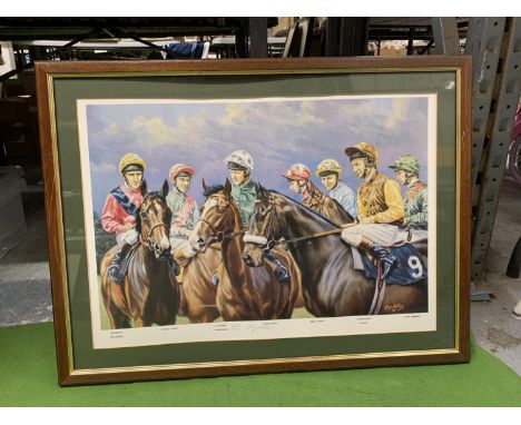 A LIMITED EDITION 258/750 FRAMED PRINT OF JOCKEYS STEVE CAUTHEN, JOE MERCER, GREVILLE STARKEY, PAT EDDERY, WILLIE CARSON, LES
