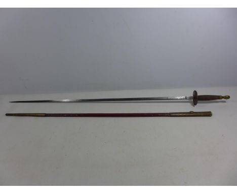A LATE 19TH EARLY 20TH CENTURY SMALLSWORD AND SCABBARD, 72CM BLADE MARKED KENNING AND WITH MASONIC SYMBOLS 