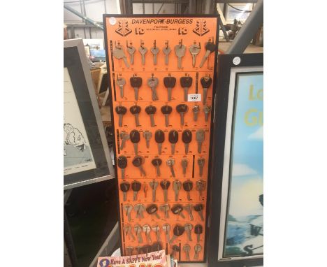 A VINTAGE DAVENPORT BURGESS GARAGE CAR KEY BOARD WITH KEYS 