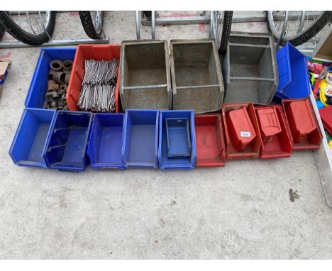 AN ASSORTMENT OF PLASTIC AND GALVANISED STORAGE LIN BINS, AN ASSORTMENT OF METAL PIPE FITTINGS AND A LARGE QUANTITY OF NAILS 
