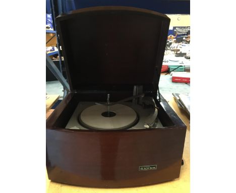 A 1950'S PYE BLACK BOX STEREO RECORD PLAYER WITH MONARCH TURNTABLE IN A MAHOGANY CASE 