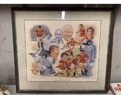 A LIMITED EDITION PENCIL SIGNED MANCHESTER UNITED PAST AND PRESENT PRINT 
