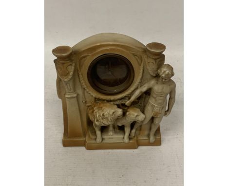 A CLASSICAL POTTERY MANTLE CLOCK WITH LION AND FIGURE DESIGN 