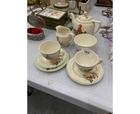 A VINTAGE BILTONS NURSERY RHYME THEMED CHILD'S TEASET TO INCLUDE A TEAPOT, SUGAR BOWL, CREAM JUG, CUPS, SAUCERS AND SIDE PLAT