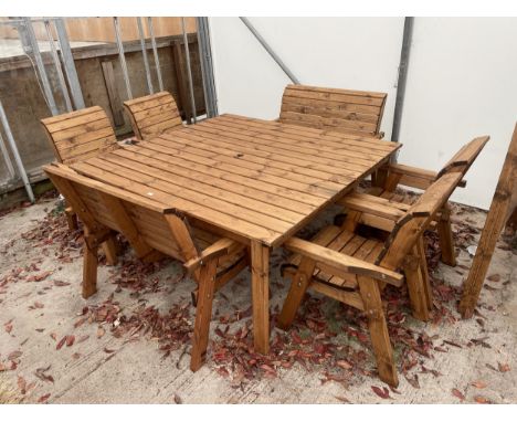 AN AS NEW EX DISPLAY CHARLES TAYLOR PATIO FURNITURE SET COMPRISING OF A LARGE SQUARE TABLE, FOUR CHAIRS AND A PAIR OF TWO SEA