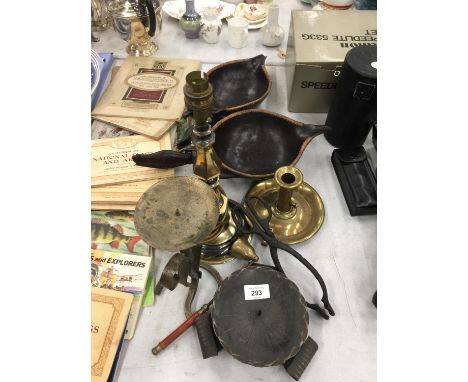 A MIXED LOT TO INCLUDE A BRASS CANDLESTICK AND TWO OTHERS, CANDLE SNUFFER, ETC., 