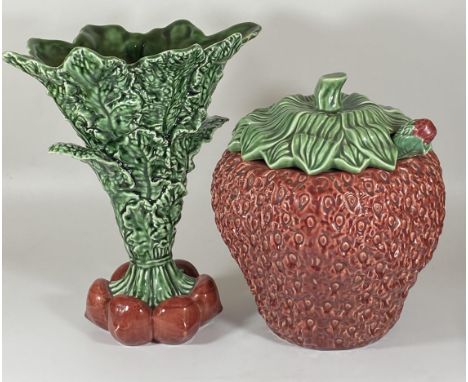 TWO LARGE MAJOLICA STYLE ITEMS - VASE AND STRAWBERRY POT WITH LADLE 