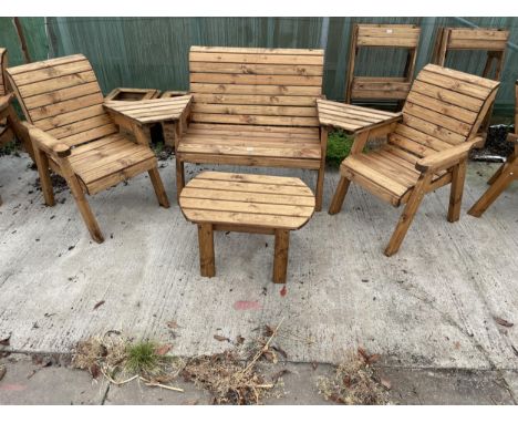 AN AS NEW EX DISPLAY CHARLES TAYLOR PATIO FURNITURE SET COMPRISING OF A TWO SEATER BENCH, TWO CHAIRS, TWO CONNECTING TABLES A