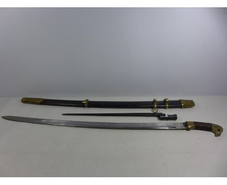 A RUSSIAN COSSACK SHASQUA WITH SCABBARD AND INTEGRAL BAYONET OF UNKNOWN AGE, 80.5CM BLADE, BAYONET WITH 42CM BLADE 