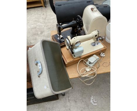 A VINTAGE SINGER SEWING MACHINE AND A FURTHER RETRO ELECTRIC JONES SEWING MACHINE 