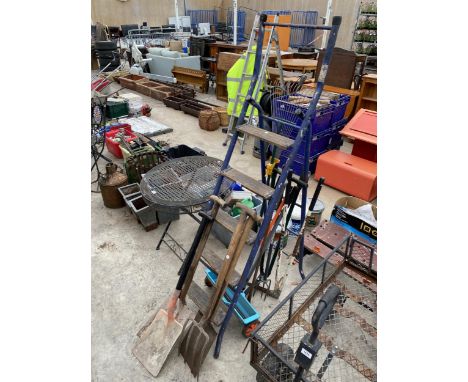 AN ASSORTMENT OF TOOLS TO INCLUDE STEP LADDERS, FORKS AND SPADES ETC 